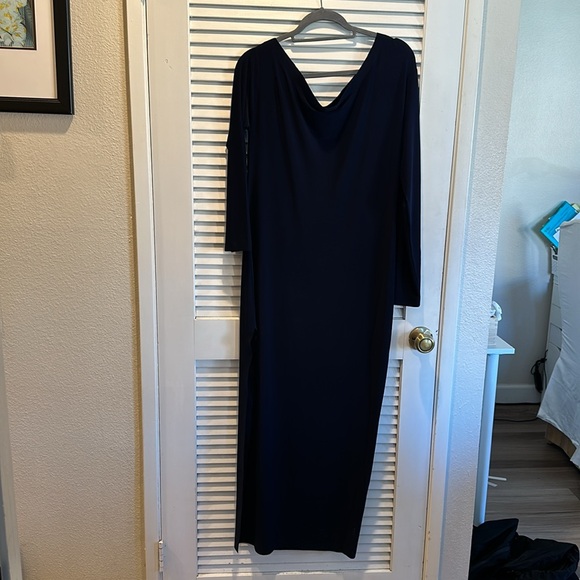 Norma Kamali Dress- Long Sleeve Drop Shoulder Side Slit Gown - True Navy-Large - Picture 13 of 14